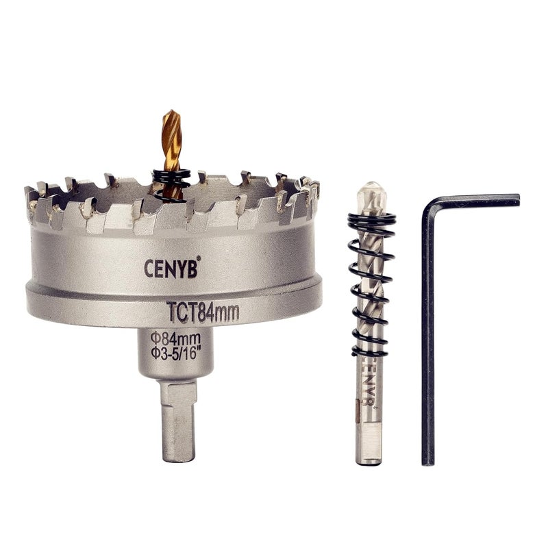 cenyb 3-5/16" (84mm) Tungsten Carbide Tipped Hole Saw with 2Pcs Titanium-Plated Pilot Drill Bits for Hard Metal,Stainless Steel,Iron,Aluminum Alloy,Wood and Plastic - Image 1